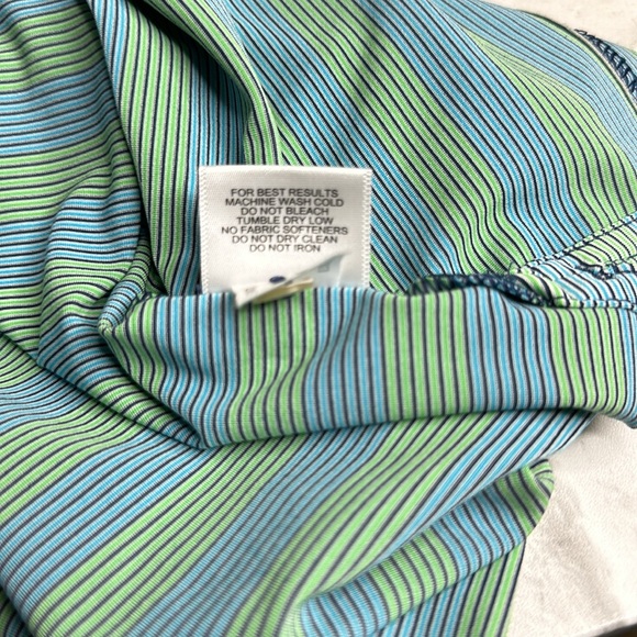 Peter Millar summer comfort polo. Light blue and green striped. Size large - Picture 7 of 9